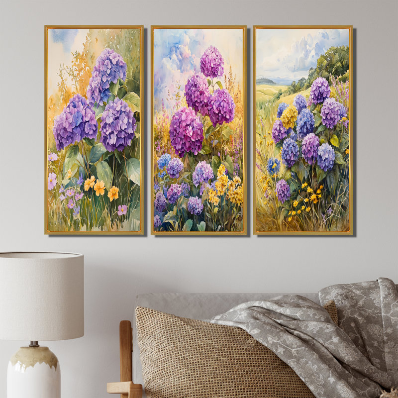 Hortensias et fleurs sauvages champêtres I - Collection d'art mural hortensias verts, H 40 po x l 60 po, Doré