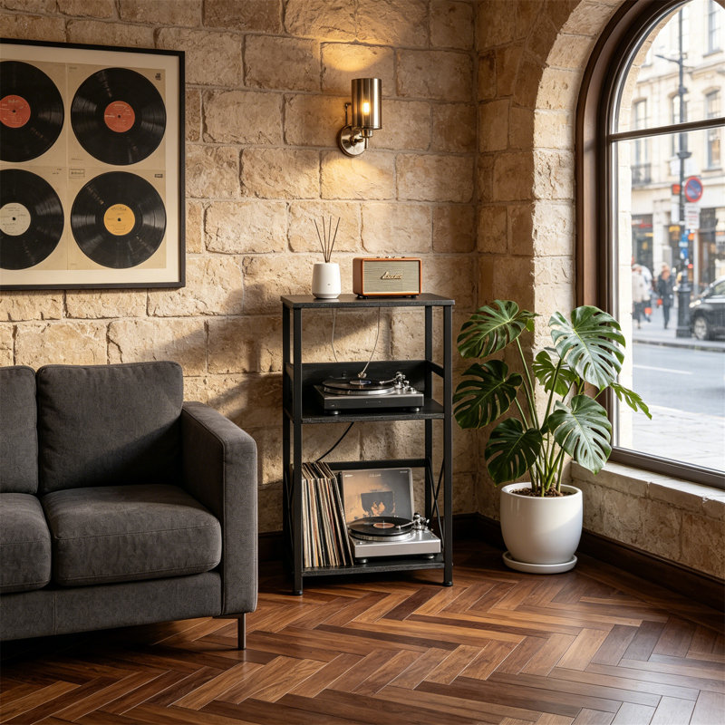 Record Player Stand with Charging Station, 3 Tier Side Table Holds 100 Vinyl, Black