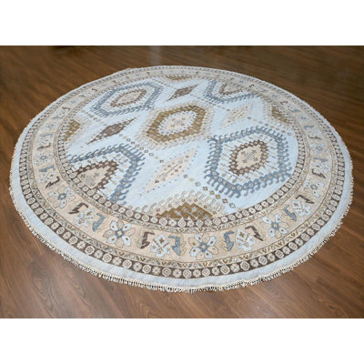 Tapis oriental rond 13 pi 10 po x 13 pi 10 po gris foncé, noué à la main, motif géométrique d'inspiration village perse, teintures naturelles, tissage dense, laine pure