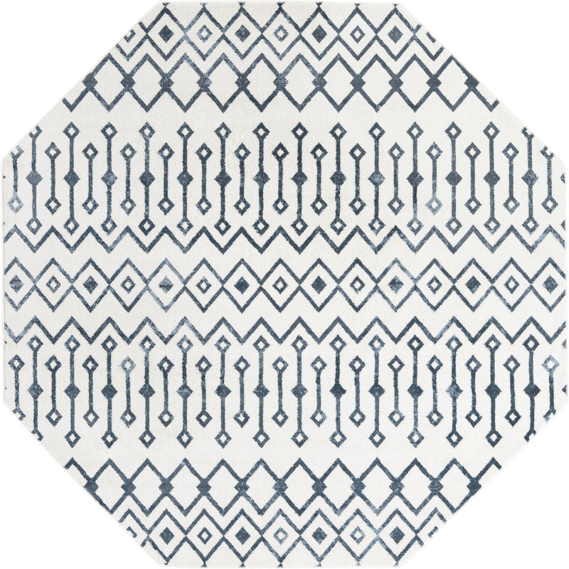 Tapis abstrait bleu marine / ivoire, Octogone 7 pi