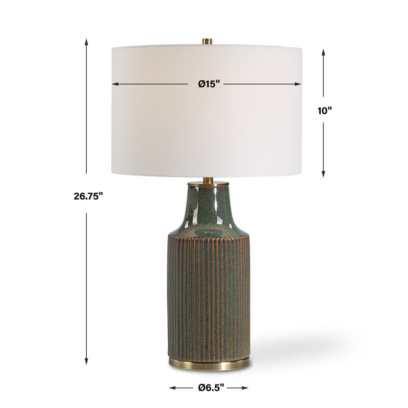 Lampe de table, abat-jour en lin blanc, base en céramique nervurée, bleu vert 27 po