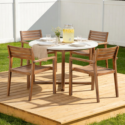 5-Piece Acacia Wood Patio Dining Set With 47.2" Round Slatted Table & 4 Chairs