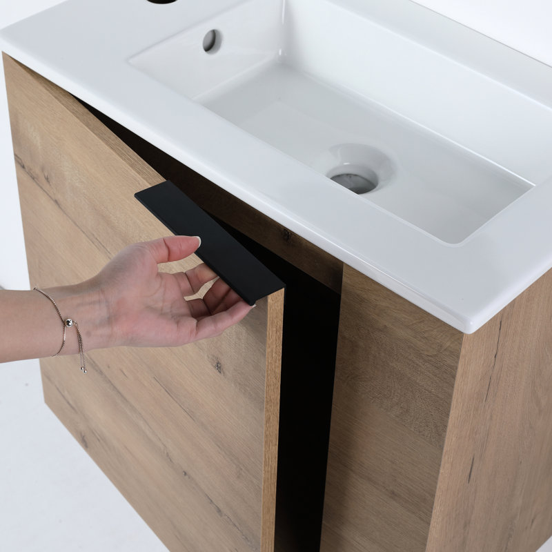 Petit meuble-lavabo pour salle de bain avec lavabo en céramique, 22 po, fixation murale, porte à fermeture en douceur, conception moderne, fabrication en contreplaqué, poignée noire mate pour les salles de bain, armoire de fermeture, poignée