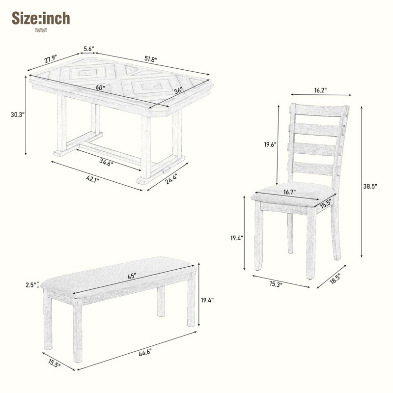 Ensemble de table de salle à manger 6 pièces en bois d'hévéa, Bois naturel délavé, Bois naturel délavé / gris clair