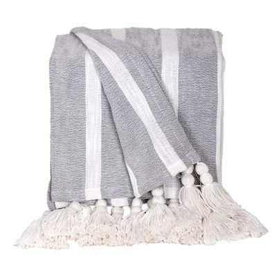 Nara Light Grey Cotton Slub Throw Blanket with Tassels 50" x 60"