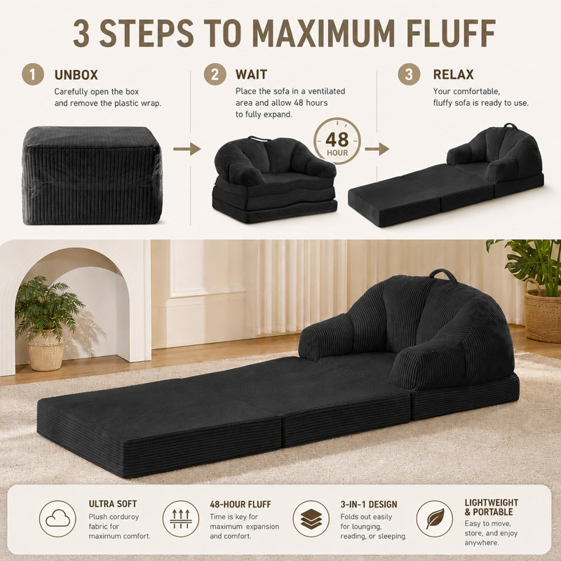 3-in-1 Boneless Convertible Folding Sofa Bed, Single Floor Sleeper Chair with Handle, Black