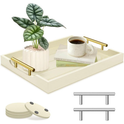 Large Wooden Cream Serving Tray with 2 Sets of Handles