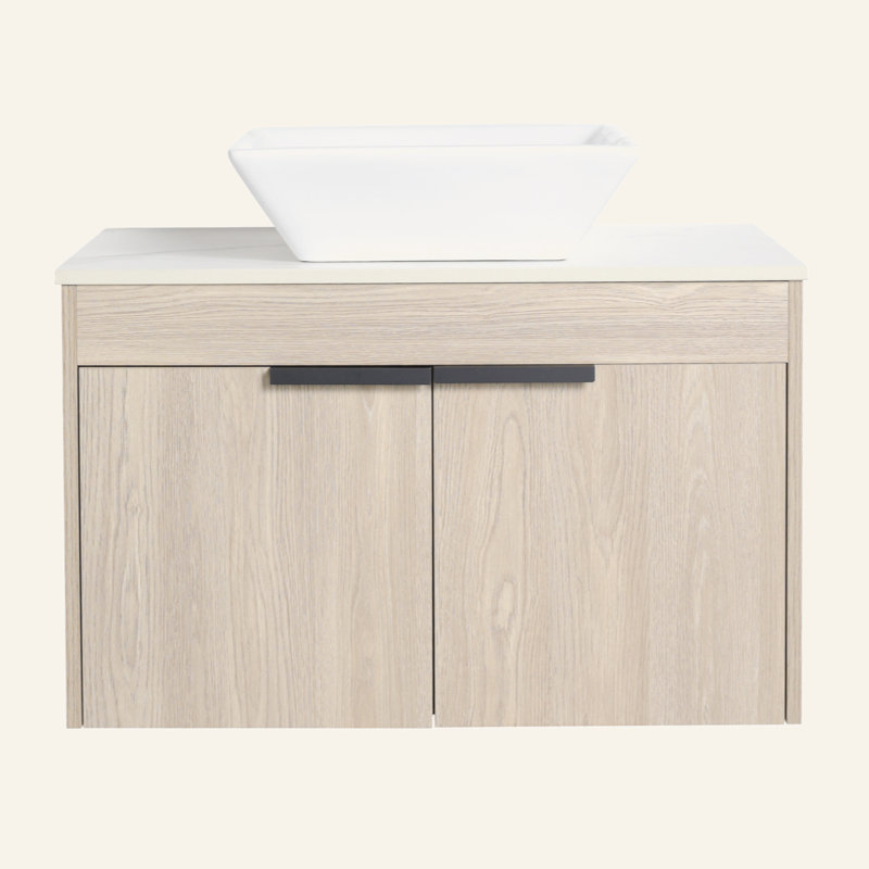 Meuble-lavabo moderne 42 po avec lavabo d'art en céramique, dalle de pierre blanche et petites tablettes de rangement, porte à fermeture douce