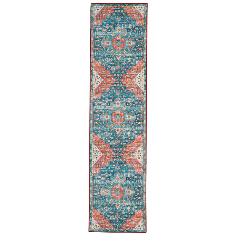 Ducote Washable Teal and Rust Machine Woven Area Rug, Runner 2' x 8'