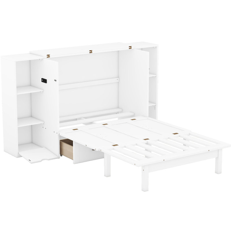 Grand lit blanc avec rangement, tablettes et tiroirs pratiques