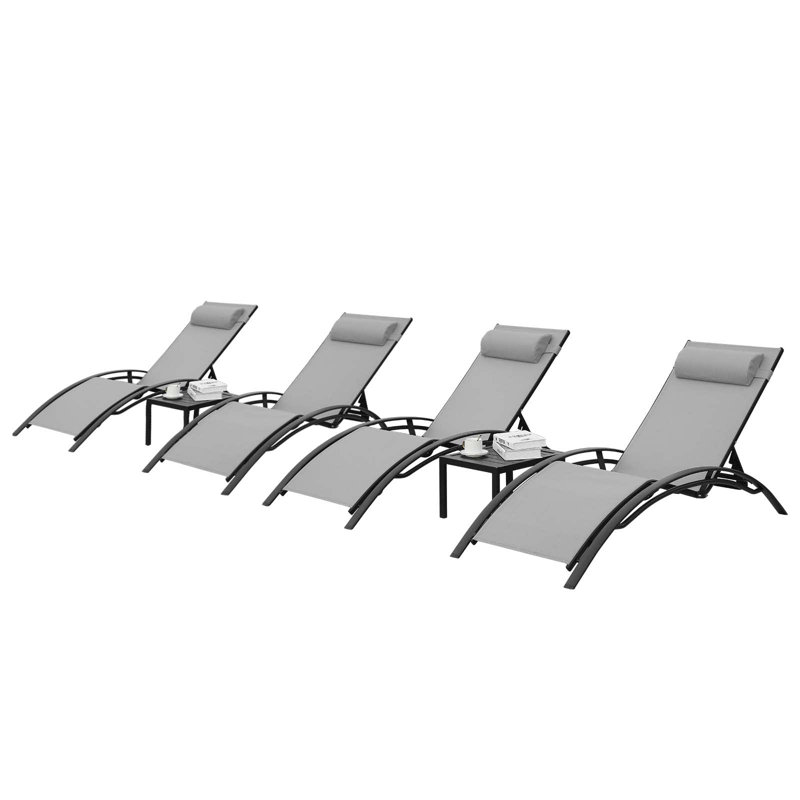 Melisa Poolchairs Patio Chaise Lounge Set With Headrest, 5-Level Adjustable Sunbathing Tanning Poolside Recliner Chairs With Side Table For Outdoor Beach 4 Chairs And 2 Tables
