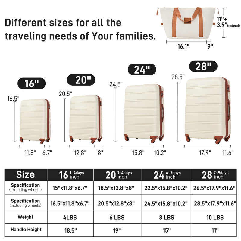 Valise Hardshell 4 pièces + valise à roulettes avec verrou TSA - 16 "+ 20" + 24 "+ 28" bagages