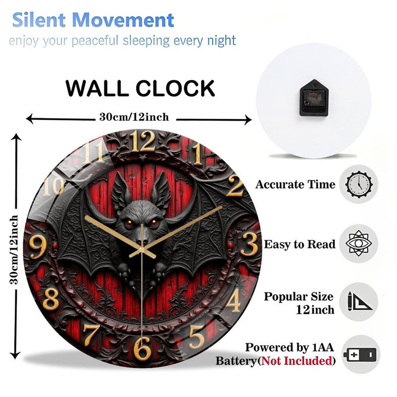 Horloge murale silencieuse en verre trempé de 30 cm, style gothique, sans tic-tac, fonctionne avec des piles AA (non incluses), décoration artistique pour la maison.
