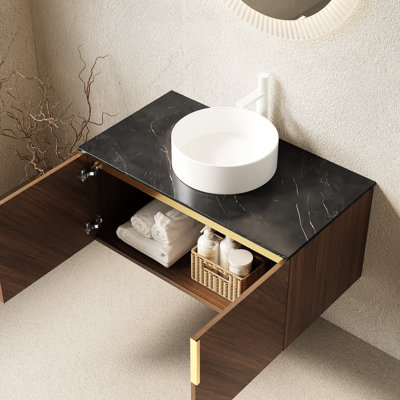 Meuble-lavabo de 36 po avec comptoir en pierre frittée noire et vasque ronde en céramique blanche, armoire de rangement murale à double porte en chêne brun à fermeture en douceur offrant un grand espace, fabriquée en