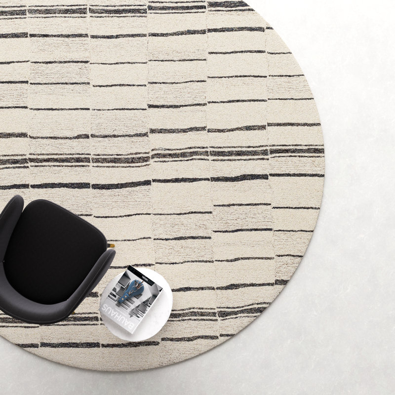 Rune Striped Handmade Tufted Wool Area Rug in Beige/Charcoal, Round 6'