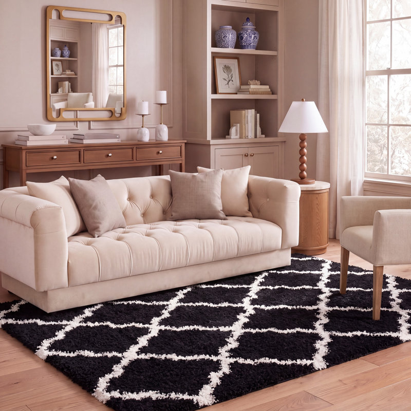 Tapis d'intérieur / extérieur noir / ivoire Flagg Hill, Rond 6 pi