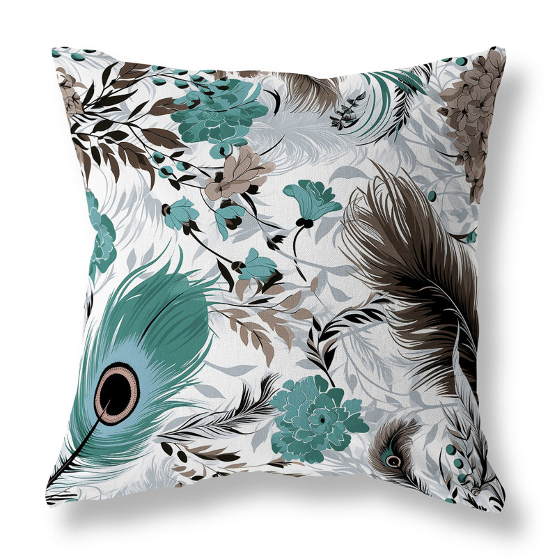 Coussin en faux suède à plumes Opus, H 16 po x l 16 po, Brun / fleurs vertes