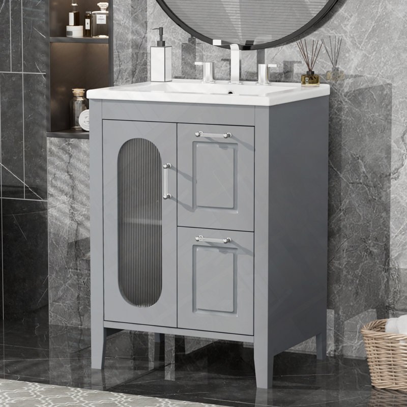 Meuble-lavabo de salle de bain avec porte à deux tiroirs et tablette réglable, Gris