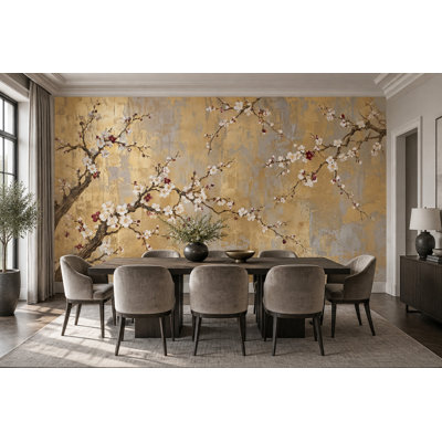 Cherry Blossom Branches Wallpaper Gold Leaf Texture Wall Mural