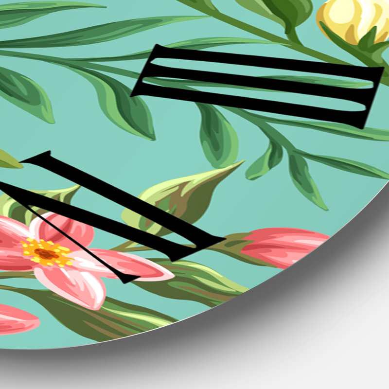 Fuchia fleurs sur vert VIntage - Horloge murale traditionnelle, Surdimensionné