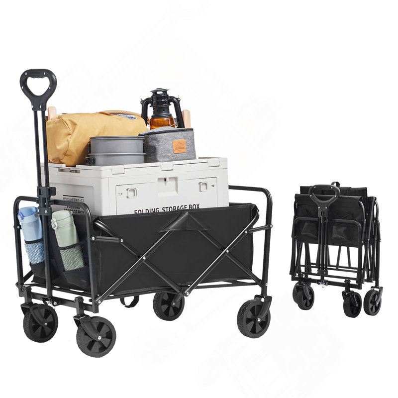 Chariot pliant pliable, chariot de plage de 2 pieds cubes avec roues tout terrain de 5 po, chariot pliant robuste capacité de poids de 220 lb avec porte-boissons, chariot de camping, de magasinage, de jardin