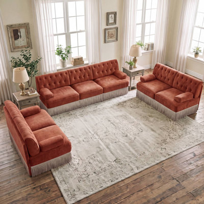 Ensemble de canapé Chesterfield 3 pièces en velours avec jupe à pompons