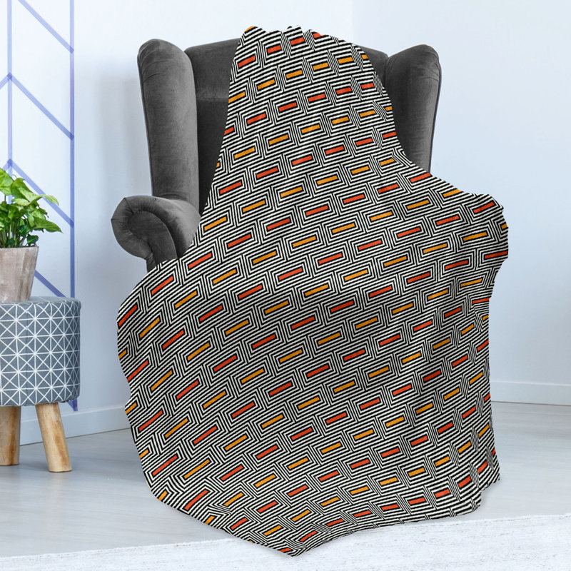 Ambesonne Geometric Fleece Throw Blanket Rectangular Blocks Orange Black and White, 50" W x 60" L