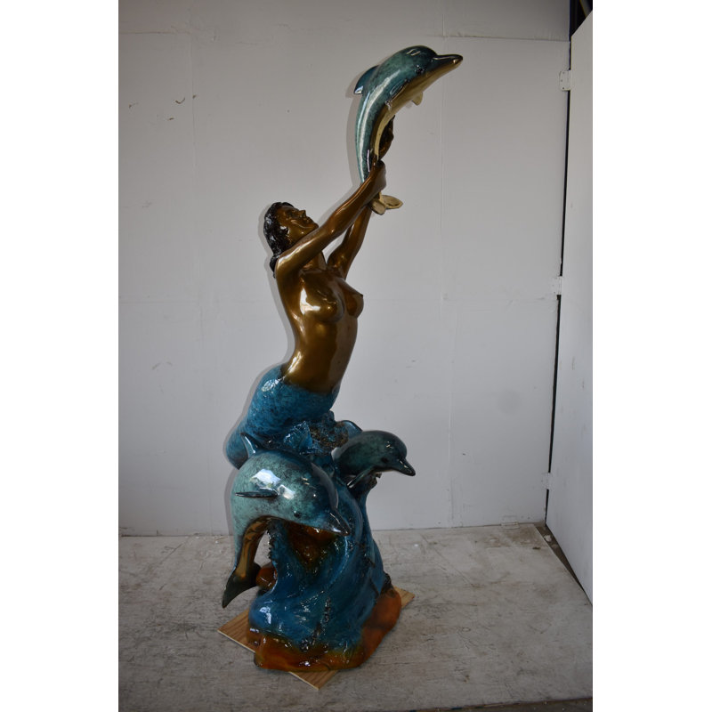 Mermaid W Three Dolphins Fountain Enameled Bronze Statue Size: 34" X 41" X 83"H