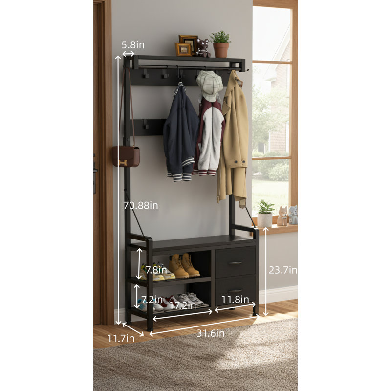 Black, 5-In-1 Foyer Tree, 31.6-Inch Wide Entryway Bench With Coat Rack, 17 Hooks + Separate Drawers, Black