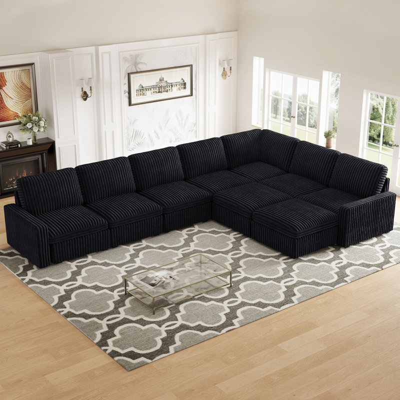 Oversized U Shaped Modular Corner Sectional Sofa With Storage Ottoman, Black Corduroy
