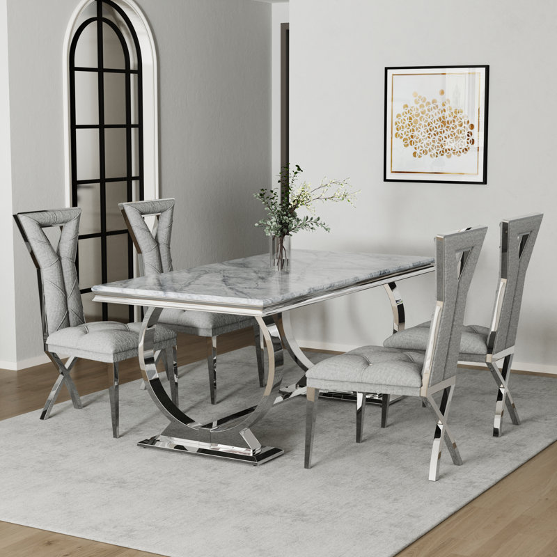 Ensemble de table de salle à manger avec chaises en chenille, 5, Argent