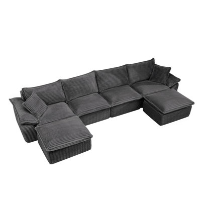 144" Sectional Sofa - U-Shape Sofa-Oversized Corduroy Cloud Couch With Movable Ottoman Soft Modern Comfy And No Assembly Sofa Set For Living Room Apartment Office, Grey