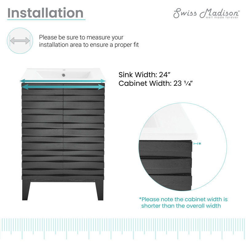Meuble-lavabo autoportant noir 24 po avec plateau en céramique blanc résistant aux égratignures Cascade, Chêne noir