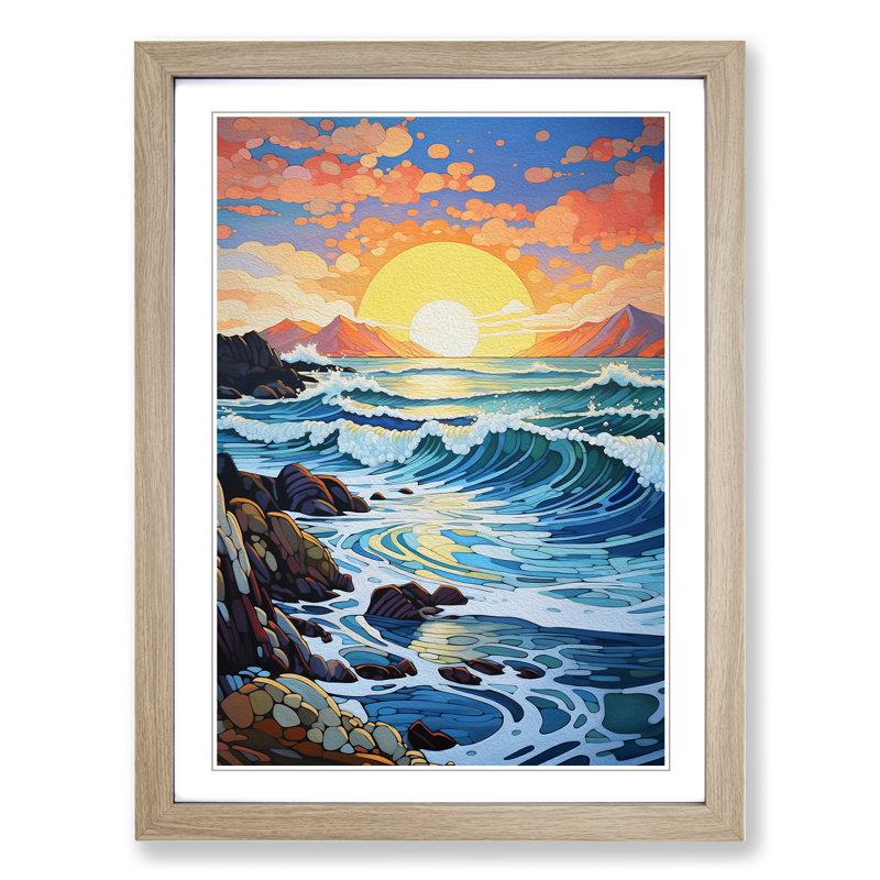 Seascape Hard Edge Painting - Single Picture Frame Print on Wood, 34cm H x 25cm W x 2cm D, Oak