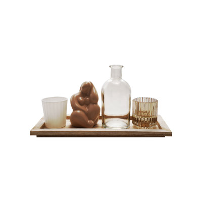 2 Glass Tealight/Votive Holders, 1 Vase And 1 Ceramic Figure On A Paulownia Wood Tray