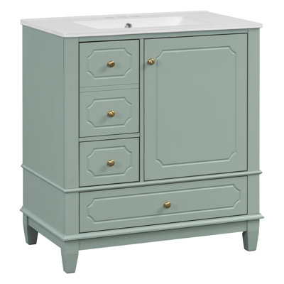 Meuble-lavabo de 30 po avec lavabo, meuble-lavabo autoportant blanc avec lavabo en céramique, cadre en bois massif, porte et tiroirs à fermeture en douceur, panneau de fibres à densité moyenne peint et bois d'hévéa, tablettes de rangement incluses