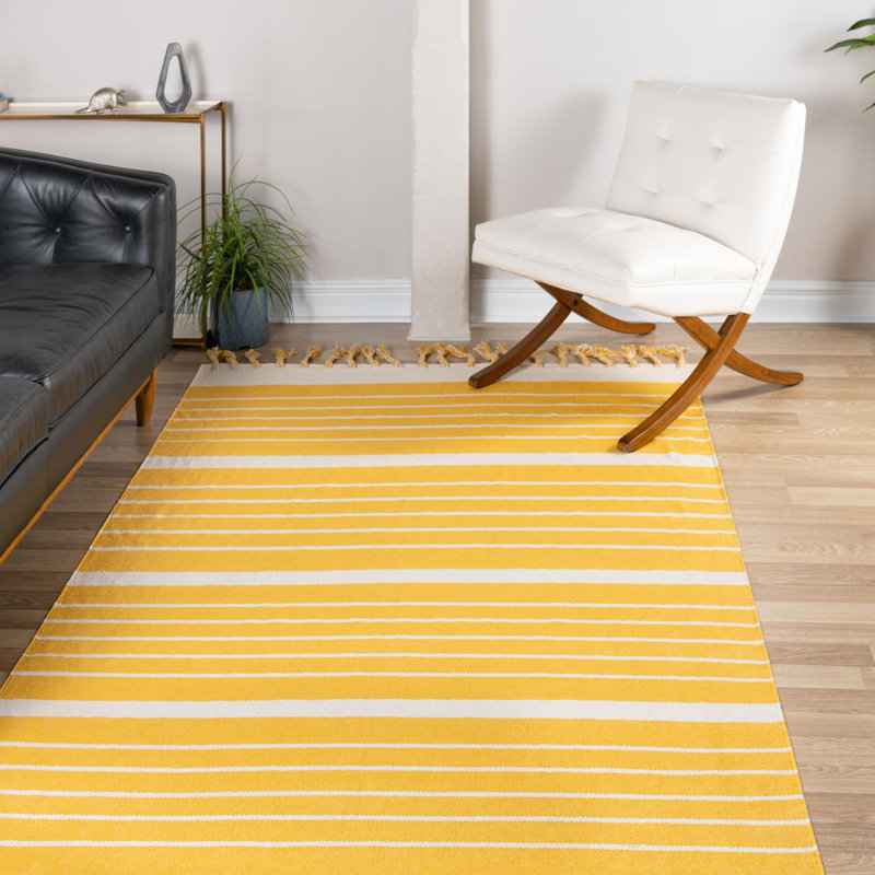 Tapis rectangulaire rayé en coton tissé à la main bleu marine / blanc Abish, Rectangle 8 pi x 10 pi