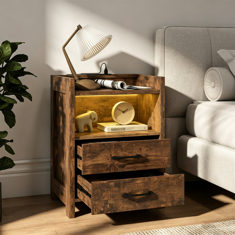 Set of 2 Nightstand with LED Lights, Rustic Brown