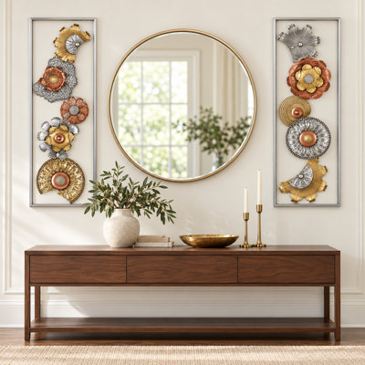36" x 14" Set of 2 Framed Gold Floral Metal Wall Sculpture, Modern Wall Art For Living Room