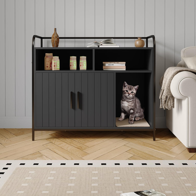 Meuble à litière caché pour chat - armoire fermée noire avec 2 compartiments de rangement, tapis à griffer et portes doubles, table de bout élégante