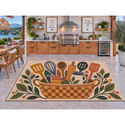 Tapis d'extérieur 5' x 7' avec panier à ustensiles de cuisine botanique, tapis bouclé en PVC épais, solide et imperméable, tapis de patio robuste, tapis intérieur/extérieur à séchage rapide pour cuisine, porche, terrasse, balcon, entrée.