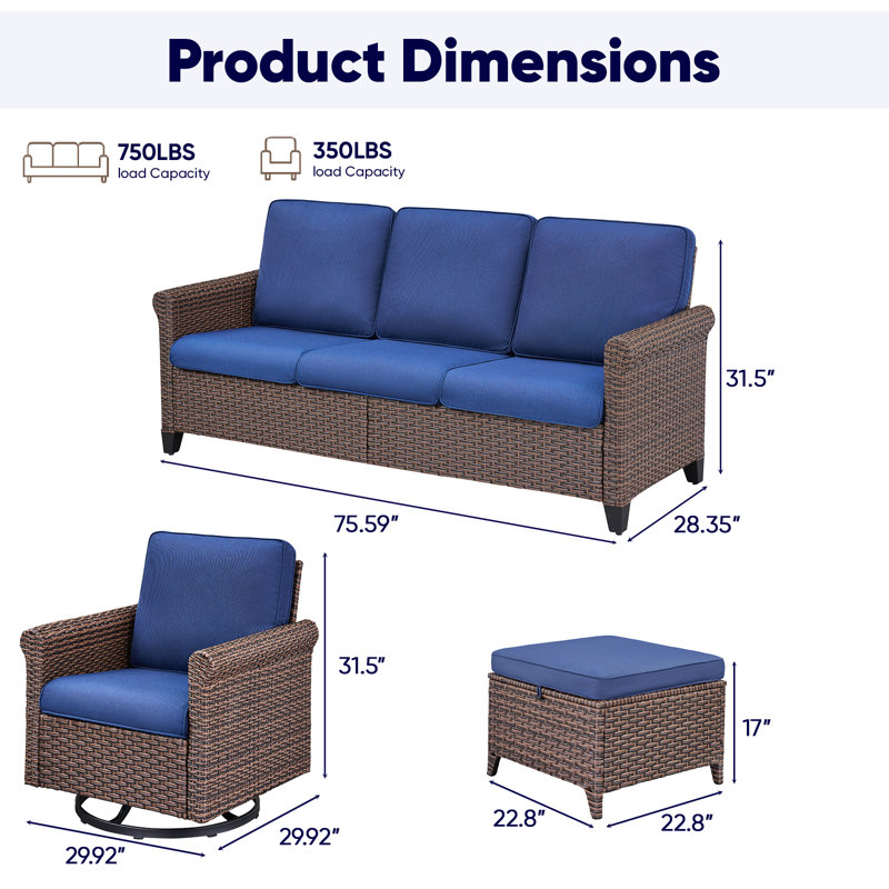 Ensemble de conversation pour canapé d'extérieur en osier 5 pièces avec chaises pivotantes et repose-pieds, Bleu