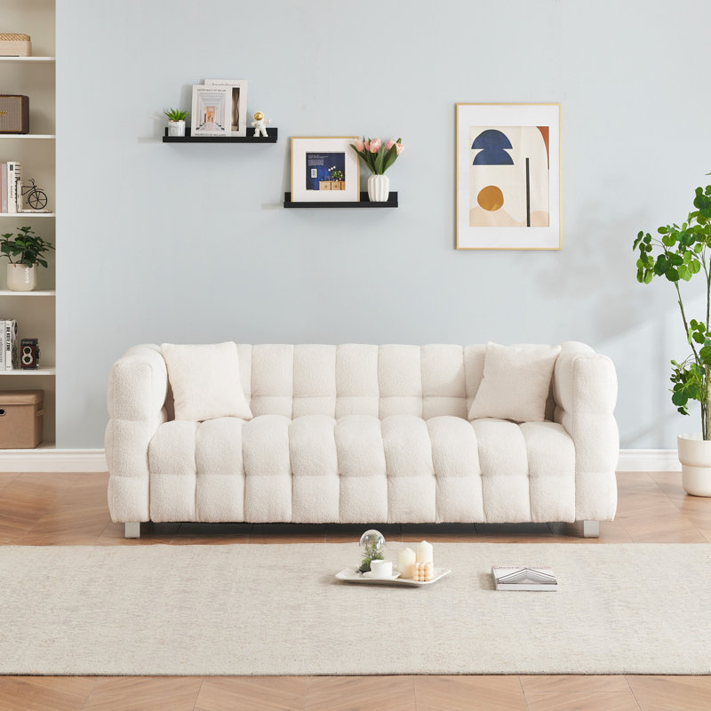 teddy fleece sofa with two throw pillows, Beige