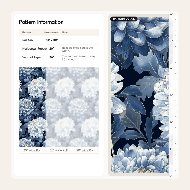 Papier peint floral bleu | Murale marine élégante | Rouleau pelez et collez