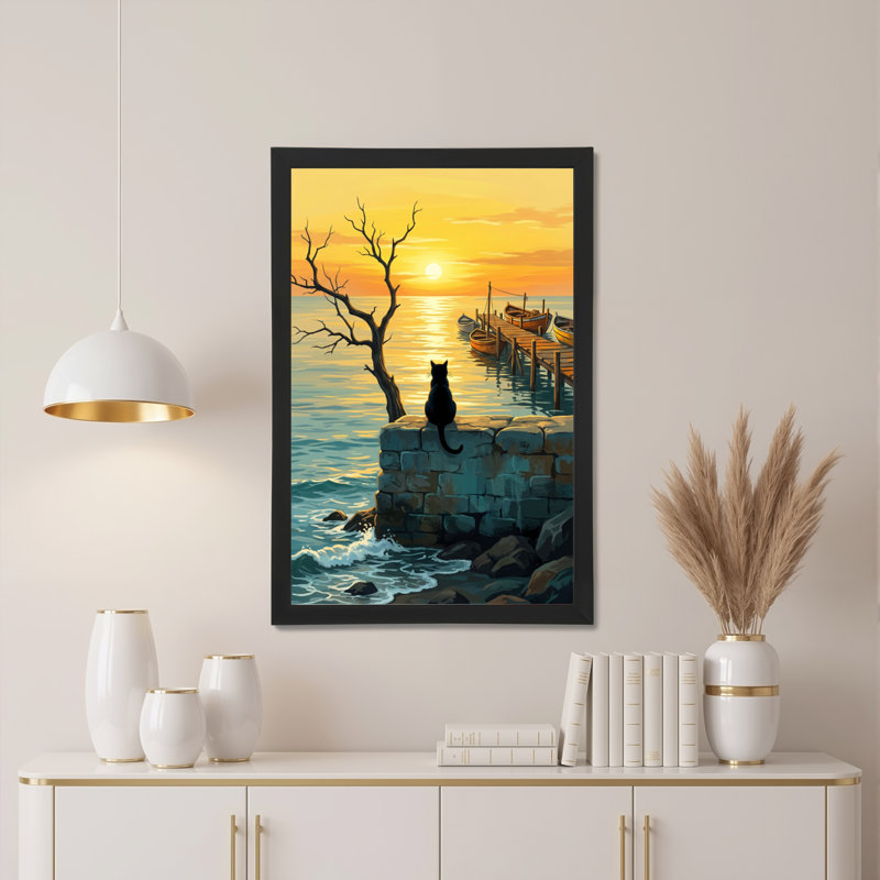 Chat sur mur de pierre, coucher de soleil, paysage marin, toile tendue, lot de 1, H 30 po x l 20 po