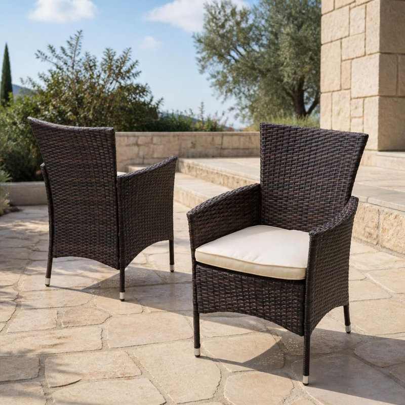 Ensemble de 2 chaises de jardin en résine tressée PE, résistantes aux intempéries, avec coussins imperméables et structure en rotin tressé durable.