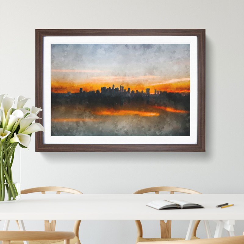 Sunrise over Los Angeles Skyline - Picture Frame Painting Print, 62cm H x 87cm W x 2cm D, Walnut Framed