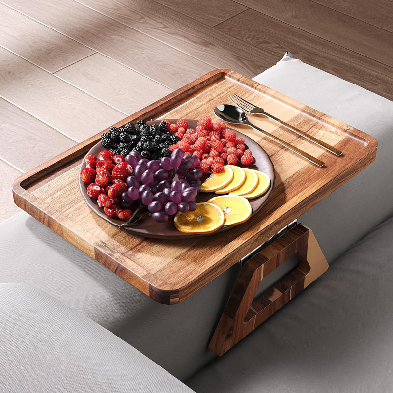 Plateau réglable pour accoudoirs de canapé en bois d'acacia - Table universelle avec accoudoirs et coussins antidérapants