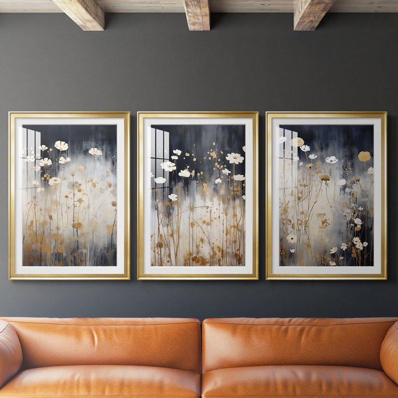 FLORAL Series CDXVI - Impression encadrée sur mesure de qualité supérieure - 3 pièces, H 21 po x l 30 po, Doré