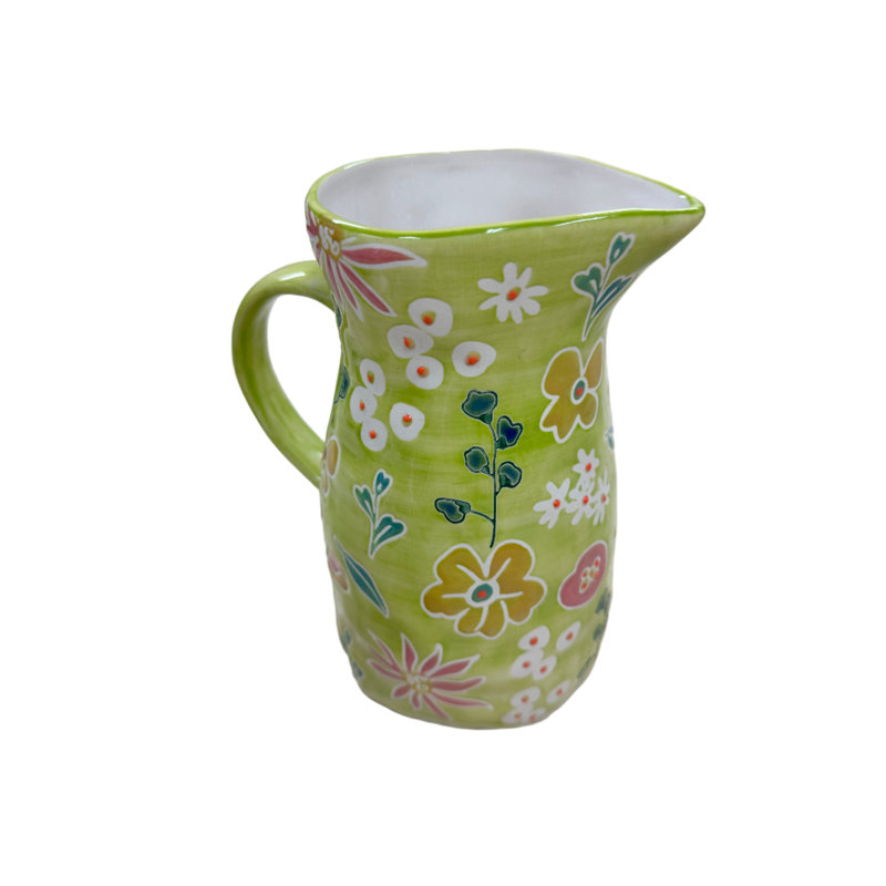 Primavera Green Handpainted Stoneware Pitcher with Floral Design
